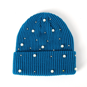 Unisex Knit Beanie Hat With Pearl Rhinestone <b>Decoration</b> Solid Color <b>Winter</b> Warm Cap Casual Style for Adults 56-58CM - Product Image 6