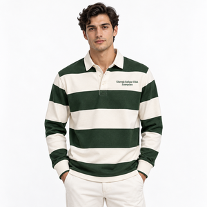 <b>Men's</b> Green and <b>White</b> Striped <b>Long</b> <b>Sleeve</b> Rugby Jersey Polo <b>Shirt</b> with Button Placket Green <b>white</b> striped rugby jersey <b>Long</b> - Product Image 1
