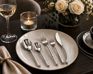 Juego de cubiertos de acero inoxidable de 5 piezas con mango martillado, incluye tenedor de cena, tenedor para ensalada, cuchara de cena y cucharilla. - Product Image 2