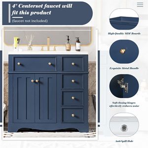 Mobile bagno freestanding da 36 pollici con 3 cassetti, telaio in legno massello e lavabo in resina - Combinazione mobiletto contenitore per bagno - Product Image 6