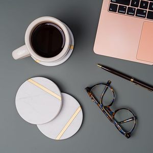 Luxury White <b>Marble</b> <b>Coaster</b> Set with Gold Inlay Round Drink <b>Coasters</b> for Coffee Table Dining Table Office Desk Home Decor Set - Product Image 2
