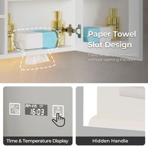 Armadietto a Specchio LED FCH 32*28 Pollici in Truciolato Bianco con Cornice in Acrilico, Doppie Ante e 7 Ripiani, con Display Ora e Temperatura - Product Image 3