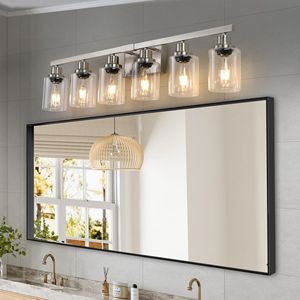 Lampadario Moderno da Bagno da 37 Pollici, 6 Luci, Finitura Nichel Spazzolato con Paralumi in Vetro Trasparente - Product Image 1