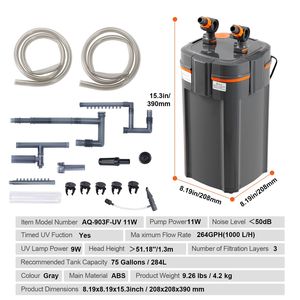 Filtro a Canister Ultra-Silenzioso a 3 Stadi da 264 GPH per Acquari da 75 Galloni, Filtro Interno Sommergibile con Protezione UV, Accessorio per Acquario - Product Image 4