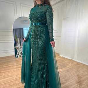 Robe de bal romantique en satin à manches longues, col montant, ornée de sequins et de perles, taille naturelle, motif brodé de cristaux, bretelles spaghetti drapées - Product Image 3