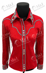 Chemise de cow-boy rouge personnalisée légère avec embellissement par boutons, manches à franges et fermeture éclair haute pour femme, idéale pour l'équitation et le rodéo - Product Image 5