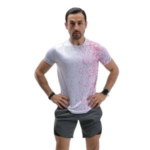<b>White</b> Pink Speckle Men Athletic T Shirt Short Sleeve Crew Neck Slim Fit Breathable Gym Workout Running Training Sportswear <b>Top</b> - Product Image 1