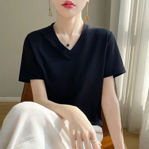 Camiseta de algodón de manga corta con cuello en V para mujer, de color liso, ajuste holgado, informal, top de verano, tejido transpirable - Product Image 1