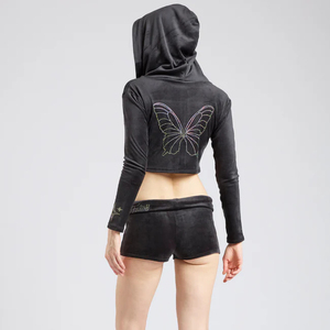Women Velvet Two Piece Shorts <b>Set</b> Crop Hoodie Jacket Rhinestone Embellishment <b>Sexy</b> Club Wear Full Sleeve Knee 100% Polyester - Product Image 2