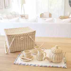 Handcrafted rattan kids pretend play toys natural miniature tea pot <b>set</b> children roleplay teaware - Product Image 6