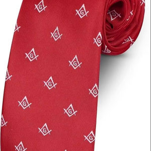 Cravate en soie tissée à la main pour francs-maçons, avec équerre et compas, rouge/blanc - Product Image 1