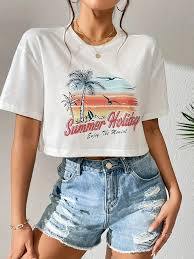 T-shirt court en coton et élasthanne, col rond, respirant, imprimé sur mesure, pour femme, idéal pour l'été - Product Image 3