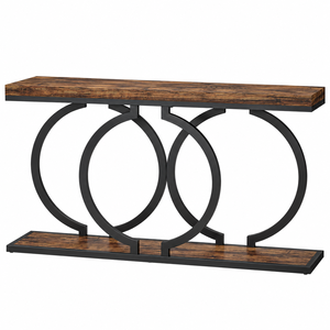 Table console en bois d'acacia naturel de luxe avec cadre circulaire en métal noir et étagère inférieure pour la décoration de la maison - Product Image 1