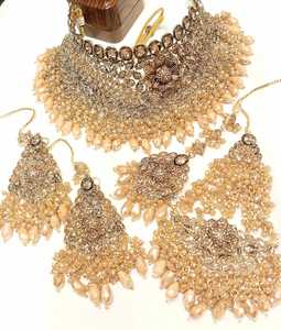 Collar nupcial pakistaní e indio con piedras de resina para mujer, conjunto de joyería de aleación, estilo romántico para boda, tipo religioso, sin diseño. - Product Image 1