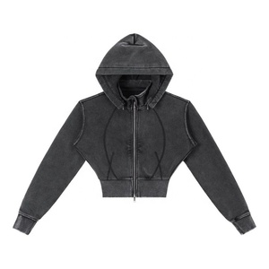 Women's <b>Cropped</b> Hooded <b>Zip</b>-<b>Up</b> Sweatshirt Solid Color Full Sleeve Knitted Cotton Autumn Casual Streetwear - Product Image 1