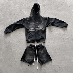 <b>Men</b> Zip Up Hoodie <b>Shorts</b> Set Cotton Fleece Casual Tracksuit Street Fashion Streetwear Style With Printing <b>Work</b> Matching Outfit - Product Image 1