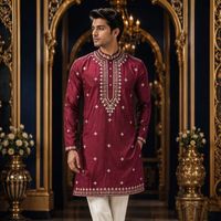 Ensemble Kurta Pyjama en Soie Pure avec Broderie en Fil Métallique sur le Col et Broderie Intégrale, Bas en Coton, Style Traditionnel pour Mariage, par Royal Export