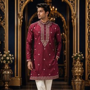 Pure Silk <b>Kurta</b> Pajama Set with Foil Thread Neck Work & All Over Embroidery, Cotton Bottom, Traditional Wedding By royal export - Product Image 3