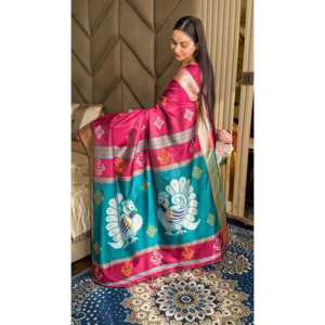 Sari en soie douce rose foncé tissé Ikkat Zari, vêtements indiens et pakistanais, Elite Weaves, 550g, séchage rapide, protection solaire, toutes saisons - Product Image 2