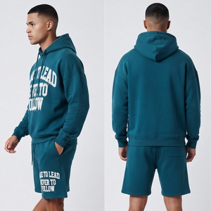 Conjunto de Sudadera con Capucha y Pantalones Cortos 2 en 1 de Felpa de Algodón Grueso, Ecológico, Transpirable, Talla Grande, Estilo Vintage, Hombros Caídos, para Hombre, Invierno, 500 g/m² - Product Image 4
