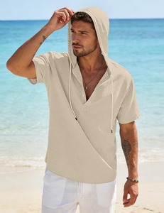Chemise Henley à capuche en coton et lin pour homme, manches courtes, été, plage, décontractée, légère, coupe ample, fabrication sur mesure OEM ODM - Product Image 3