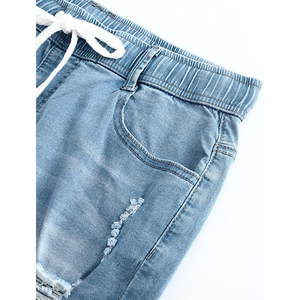Shorts de mezclilla de cintura alta para mujer ODM con cordón, estilo casual de verano, desgastados, con dobladillo deshilachado, estilo boyfriend, de algodón - Product Image 5