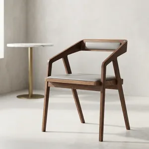 Modern Wooden Restaurant <b>Armchair</b> with Beige Cushioned Seat Curved Backrest and Tapered Legs for Cafe Home <b>Dining</b> Furniture - Product Image 1