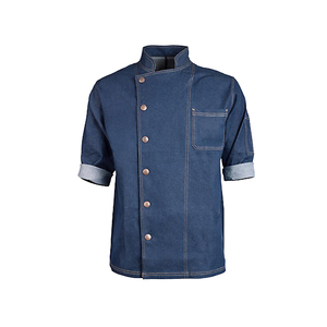 Veste de chef en denim professionnelle de dernière génération pour hommes, manches courtes, fermeture à boutons, uniforme de restaurant et de bar, bleu - Product Image 1