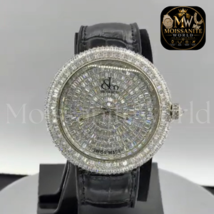 Montre à quartz unique de luxe avec cadran rond en moissanite, bracelet en cuir analogique - Product Image 5