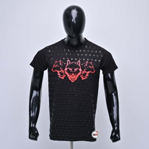 T-shirt noir à manches courtes pour homme avec motif loup rouge imprimé en silicone, tissu respirant, coupe classique, style décontracté, col rond - Product Image 1