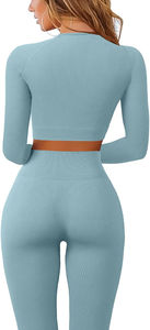 ชุดออกกำลังกายแบบสองชิ้น เสื้อครอปท็อปและเลกกิ้งผ้ายืดสูง พิมพ์โลโก้ OEM ได้ตามสั่ง สำหรับผู้หญิง ทรงเข้ารูป ถักทอแน่น สไตล์ฮิปฮอป ไซส์พลัส สำหรับฤดูหนาว - Product Image 3