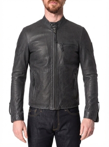 Veste en cuir véritable pour homme, fermeture éclair sur le devant, col montant, manches longues, vêtements d'extérieur décontractés et tendance - Product Image 5