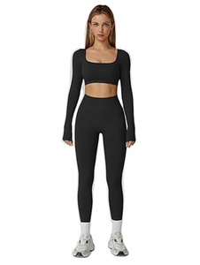 Ensembles de sport pour femmes 2 pièces haut court sans dos à manches longues et leggings taille haute ensembles de jogging athlétiques de gym - Product Image 5
