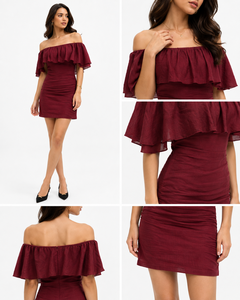 Vestido Mini Sin Mangas con Hombros Descubiertos en Lino y Algodón Color Borgoña |   Conjunto de Ropa Informal de Diseño Moderno y Sencillo para Mujer, para Fiestas en Todas las Estaciones - Product Image 6