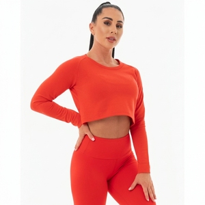 Custom Women Premium Solid Knitted Cropped Jersey Long Sleeve Crew Neck <b>Sweatshirt</b> Soft Cotton Blend Casual <b>Gym</b> Streetwear - Product Image 4