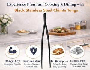 Black Stainless Steel <b>Kitchen</b> Chimta <b>Tong</b> | Heat Resistant Cooking <b>Tongs</b> 25 cm | Rust Proof Oven/Dishwasher Safe Food Grip Tool - Product Image 4