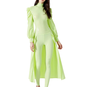 Women's Lime Green <b>Turtleneck</b> Jumpsuit High Waist Long Sleeve Puff Sleeve Full Length Bodycon Spandex Nylon Clubwear - Product Image 4