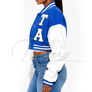 Veste de baseball courte pour femme, design personnalisé, bleu, avec doublure en peau de mouton et en laine respirante crochetée - Product Image 4