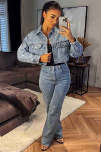 Factory Price Customized New Light Blue Cropped Rhinestone Denim <b>Jacket</b> <b>Long</b> Sleeves Designed <b>For</b> Women denim <b>jacket</b> - Product Image 6