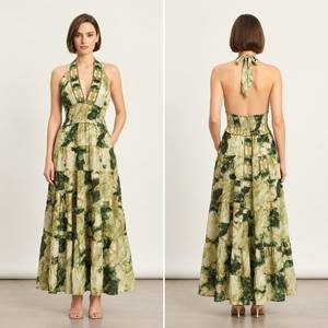 Robe longue sans manches à imprimé africain pour femme, col en V, à volants, élégante, florale, décontractée, pour l'été et la plage - Product Image 2
