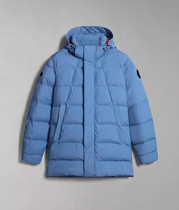 Men's Blue Hooded Long Puffer Jacket Windproof <b>Down</b> Filled Casual Winter Coat with Zipper Closure and Logo on Left Sleeve - Product Image 1