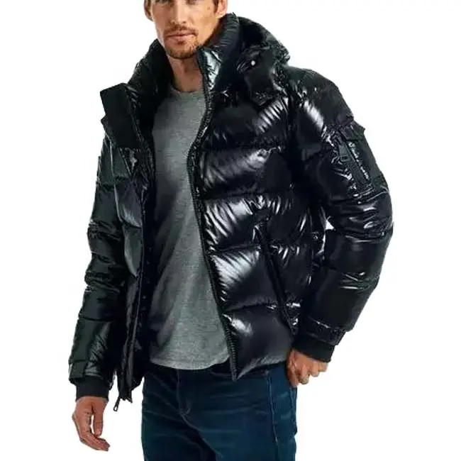 Golden Weather Custom Men's Black Shiny Puffer Jacket Bubble Coat Padded Coat Men's Down Bubble Winter Custom Puffer Winter Coat