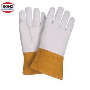 Guantes de Soldadura de Cuero ISONZ Blancos con Puño Color Bronceado, Forrados de Algodón, Resistentes al Calor para Soldadura con Electrodo - Product Image 1