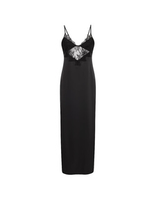 Chemise de nuit en satin de soie noir pour femme, longue, sans manches, élégante, avec détails en dentelle - Product Image 4