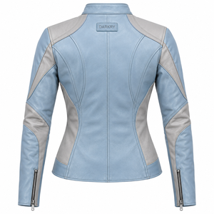 Light Blue <b>Leather</b> <b>Jacket</b> <b>Woman</b> Two Tone Sky Grey Panel Stand Collar Biker Outerwear Zipper Pocket Slim Fit Custom Racing <b>Moto</b> - Product Image 2