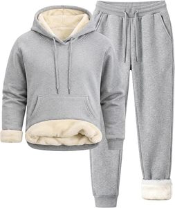 Men's Streetwear Winter Breathable Drawstring Solid <b>Sherpa</b> <b>Lined</b> Hooded 2-Piece <b>Hoodie</b> and Sweatpants Set with Side Pockets - Product Image 1