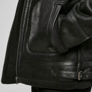 Men’s Black <b>Shearling</b> Leather Warm Faux Fur Lined Motorcycle Biker <b>Jacket</b> | Zip-Up Winter Aviator Coat with Adjustable Waist - Product Image 5