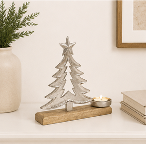 Modern Silver Metal Christmas <b>Tree</b> Tealight Candle Holder With Natural Mango Wood Base For Holiday Home <b>Tabletop</b> Decoration Gift - Product Image 6