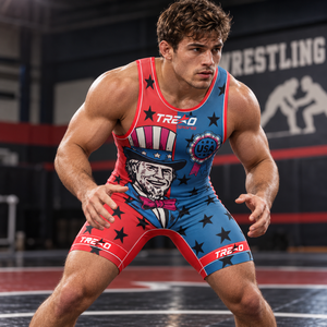 Combinaison de lutte patriotique personnalisée Uncle Sam pour hommes, rouge, bleu, étoiles, sublimation, combinaison de lutte d'équipe, logo personnalisé, OEM - Product Image 4