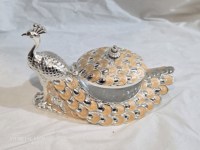 Zilveren Peacock Mukhavas doosje, handgemaakt mondverfrisserschaaltje met lepel, elegant huwelijkscadeau, geschikt voor gedroogd fruit.